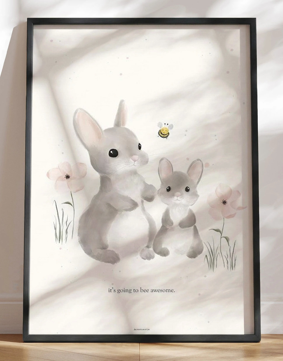Børneplakat Med Akvareltegning   Kaniner