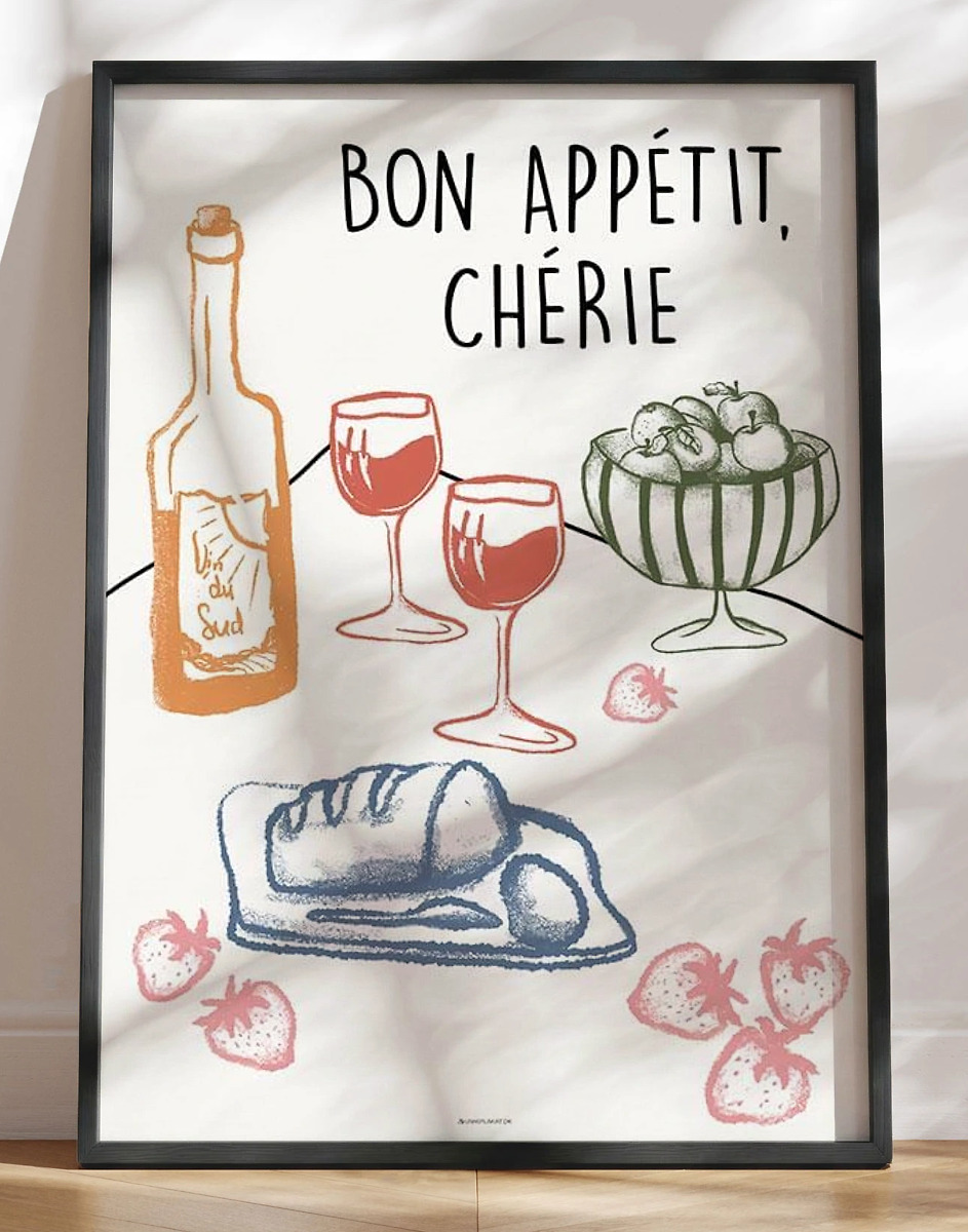 Bon Appetit Cherie Festlig Mad-   Vinplakat