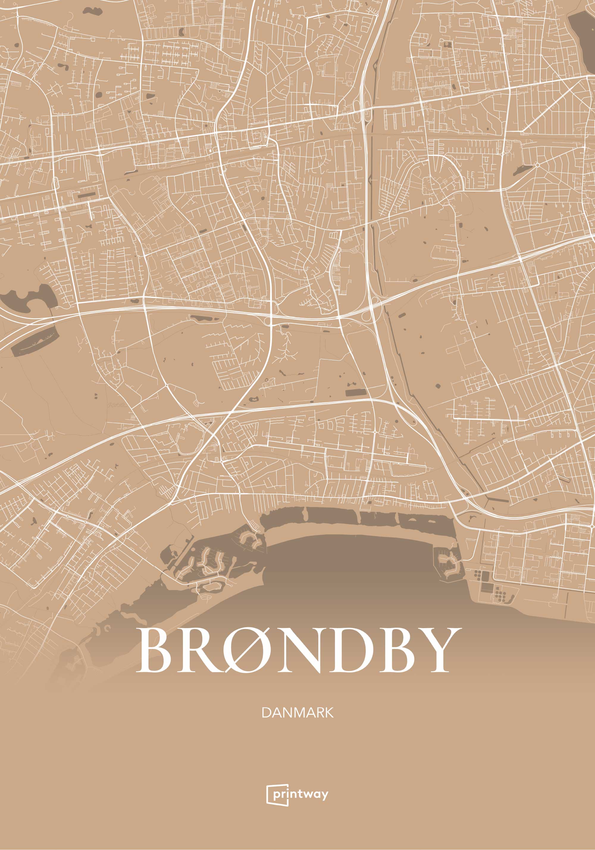 Brøndby Bykort Plakat i Guld – Minimalistisk Design