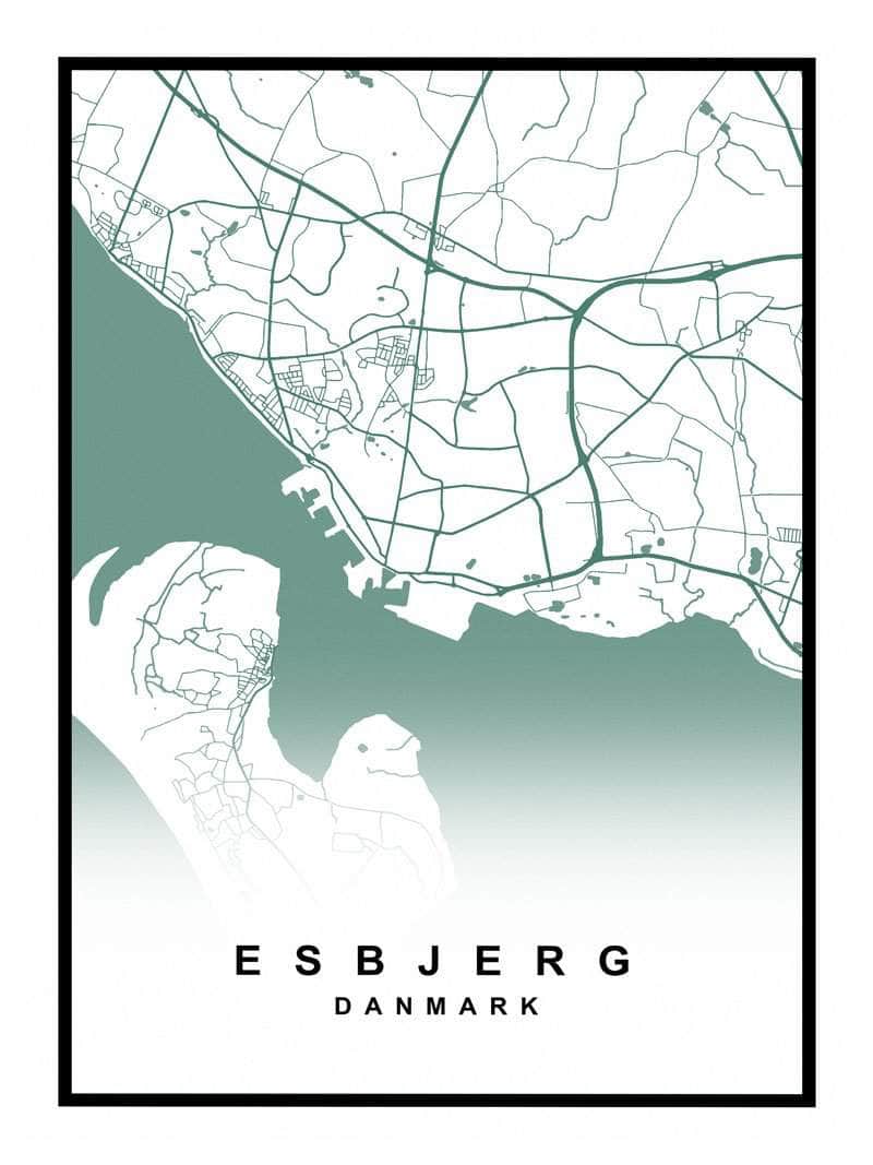 Esbjerg Plakat med Kort over Byen og Vesterhavet