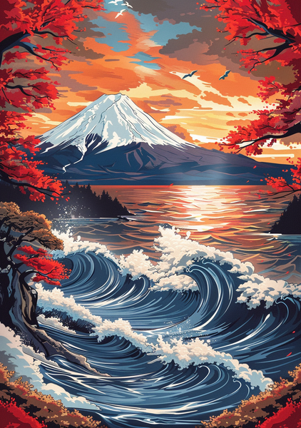 Japansk Plakat 148  Solnedgang Ved Fuji