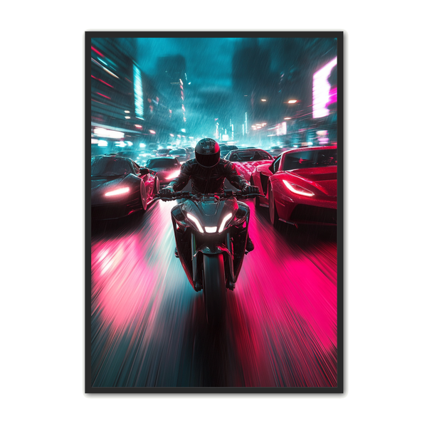 Motorcykel Plakat – Neonrace i Regnvejr til Dit Hjem