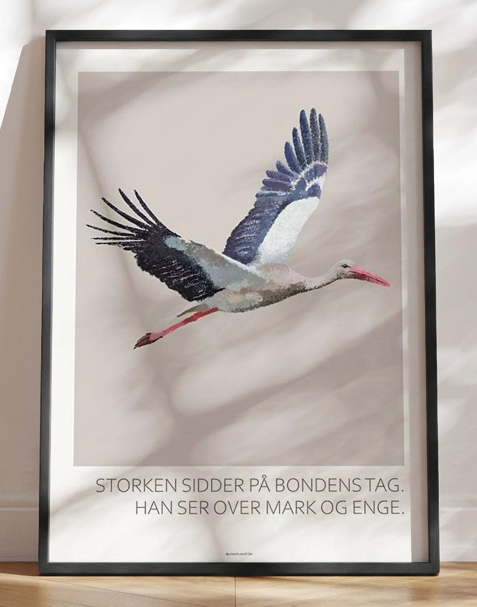 Plakat Med Stork Trækulstegning   Danmarks Sjældne Gæst