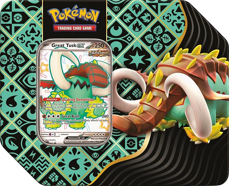 Pokemon Tin Kasse 2024 Wave   Winter  Usa Version : Great Tusk   Scarlet   Violet: Paldean Fates Collector   Tin Box    Boosters