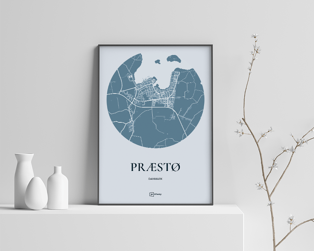 Præstø Bykort Plakat - Elegant Havblå Vægkunst