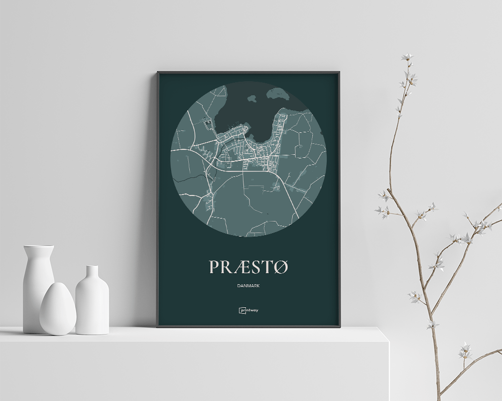 Præstø Bykort Plakat i Skovgrøn – Minimalistisk Indretning
