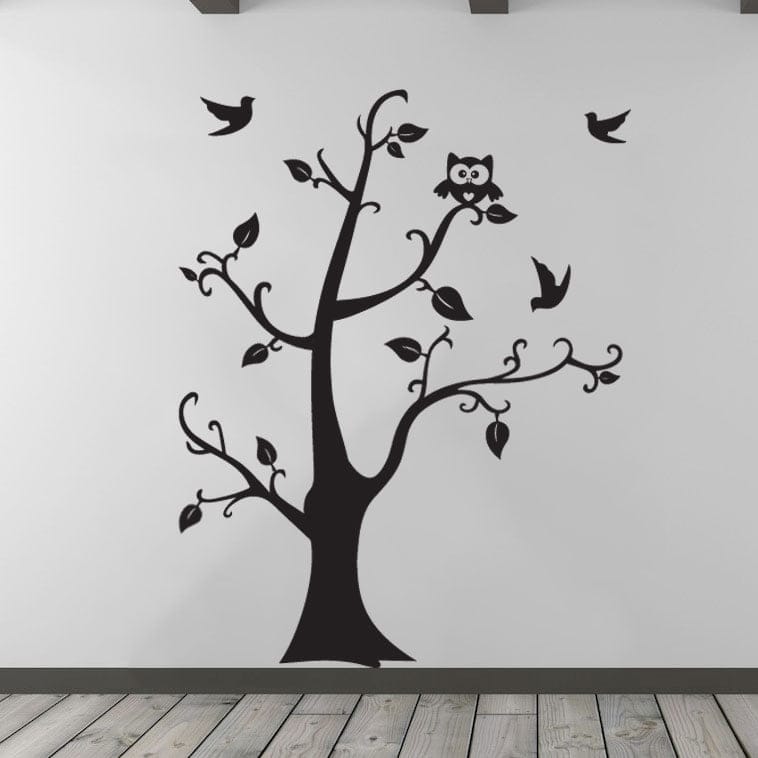 Stort Træ Med Ugle Wallsticker