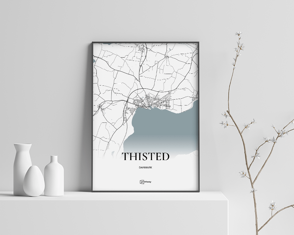 Thisted Bykort Plakat – Elegant Minimalisme i Hvid